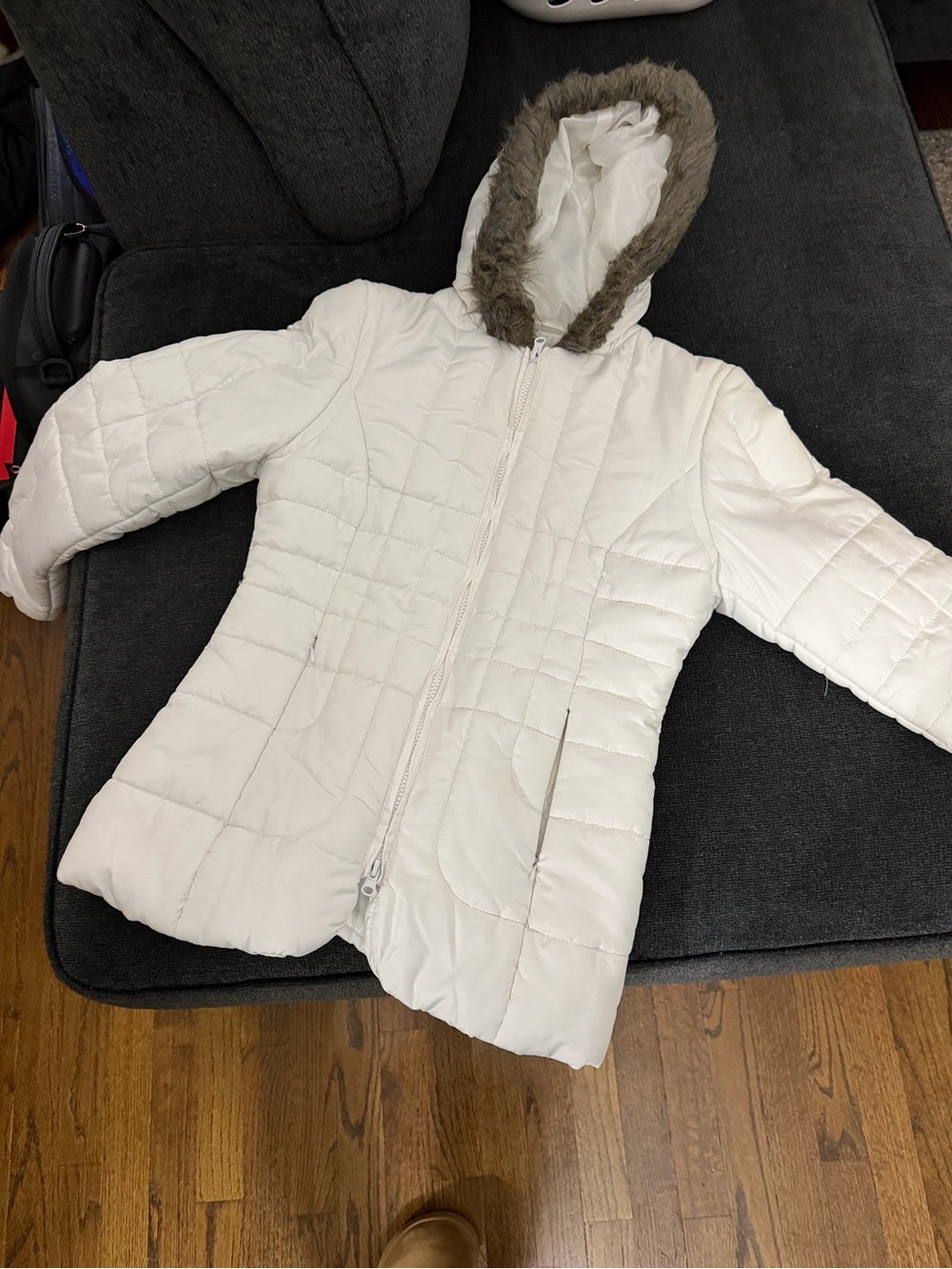 last kiss White Quilted Hooded Puffer with Faux Fur Trim